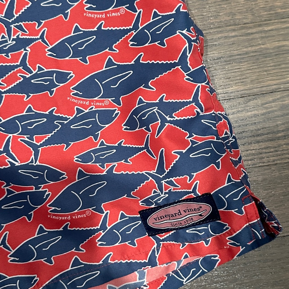 Vineyard Vines Red and Blue Shark Print Swim Shorts - Picture 2 of 2